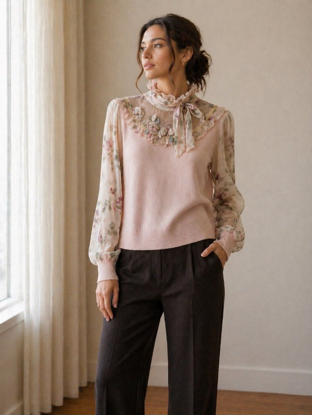 Vintage-Inspired Floral Silk Lace Knit Sweater – XS/S